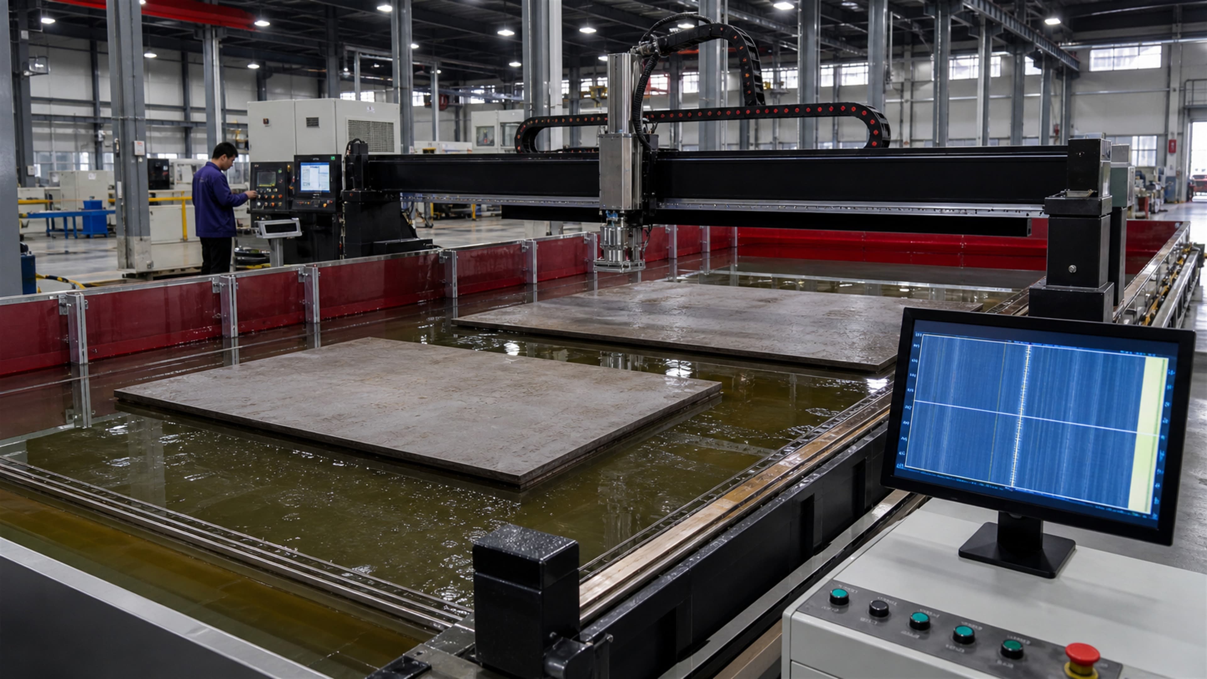 Water immersion tank bridged by a scanning gantry